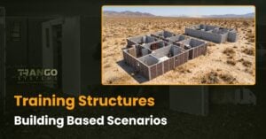 Aerial view of a Trango modular shoot house assembled in a desert training area for building-based scenarios