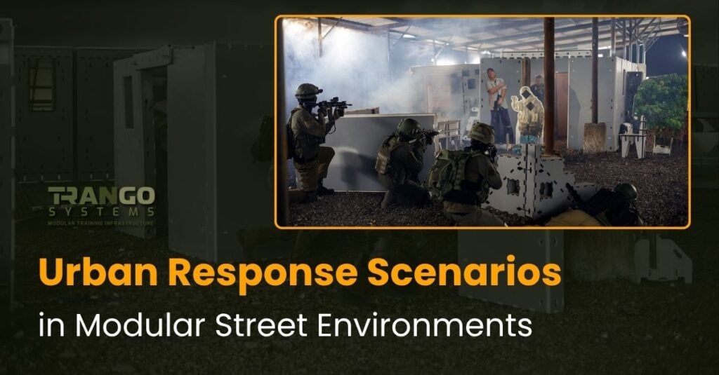 Tactical team training in a Trango modular street environment with barricades, building walls and human targets